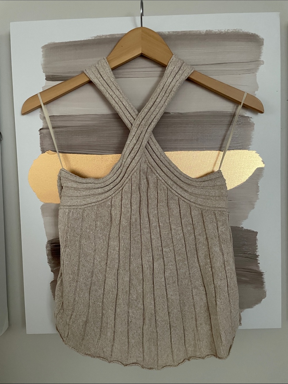 Ribbed Gold Sparkle Knit Halter Top in Light Beige
